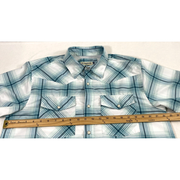 Magellan Shirt Mens Medium Blue Plaid Pearl‎ Snap Vented Outdoors Fish Wicking - Picture 6 of 12